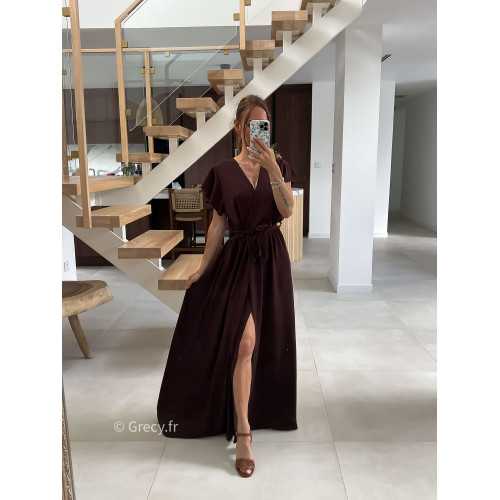 Robe longue marron manches courtes fendue grecy été mode tendance cérémonie mariage chic zara mango