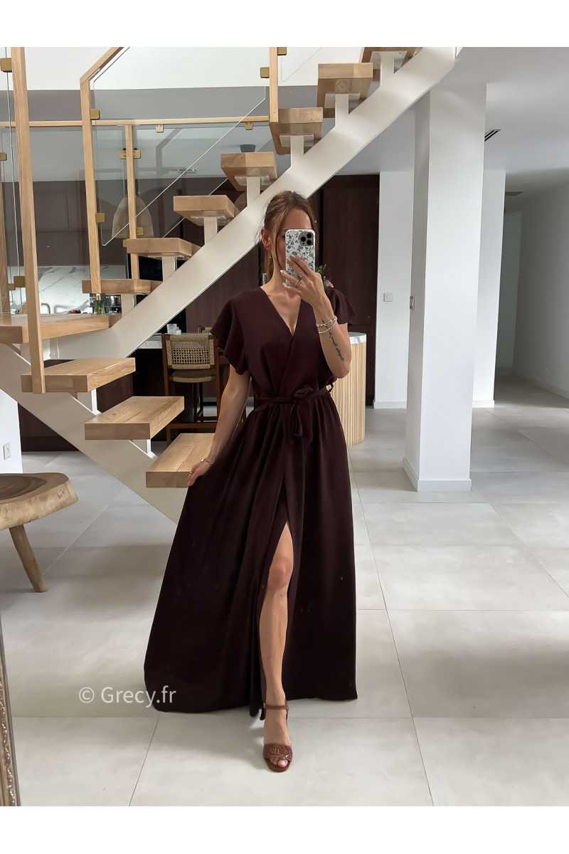 Robe longue marron manches courtes fendue grecy été mode tendance cérémonie mariage chic zara mango