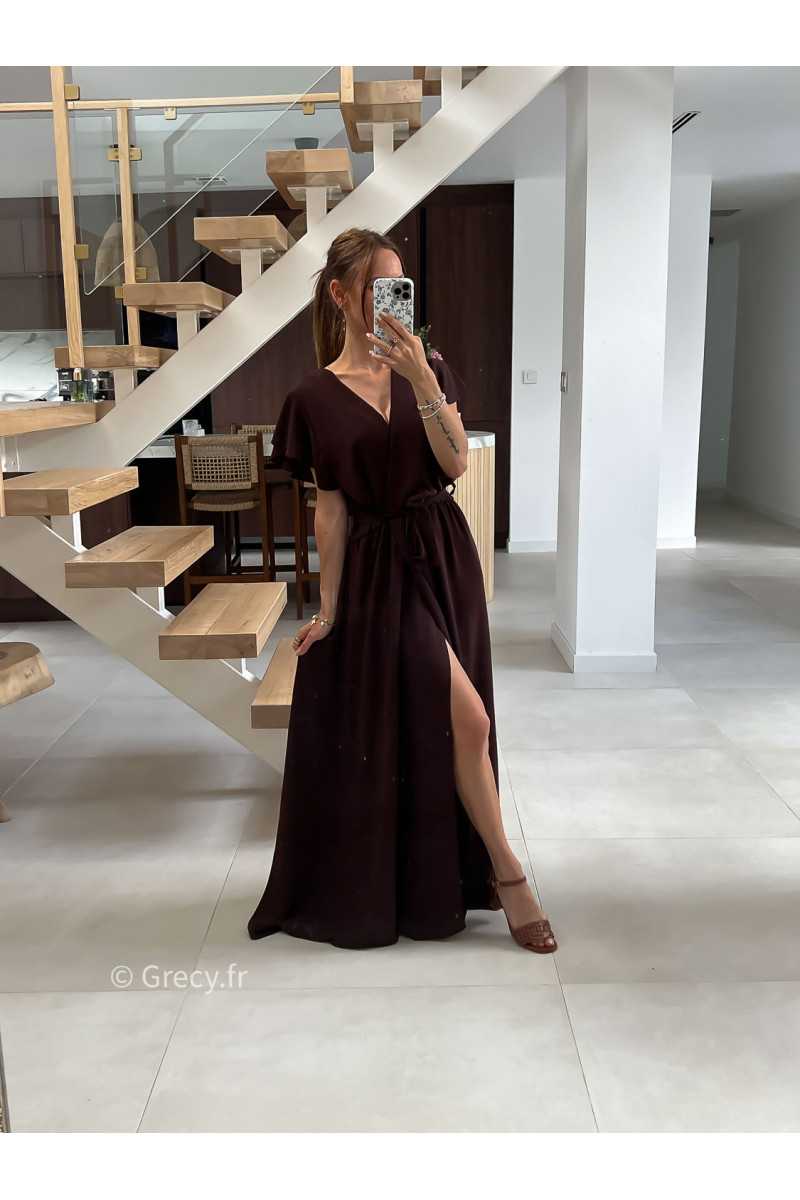 Robe longue marron manches courtes fendue grecy été mode tendance cérémonie mariage chic zara mango