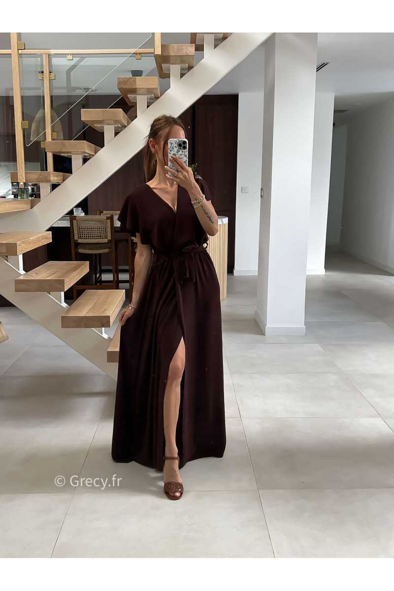 Robe longue marron manches courtes fendue grecy été mode tendance cérémonie mariage chic zara mango