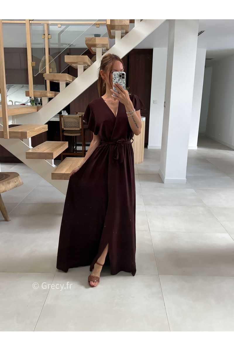 Robe longue marron manches courtes fendue grecy été mode tendance cérémonie mariage chic zara mango