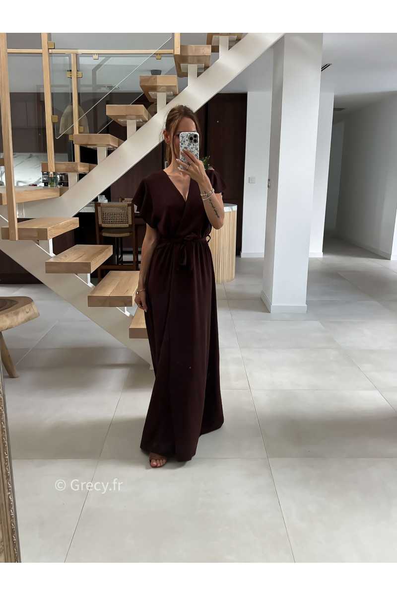 Robe longue marron manches courtes fendue grecy été mode tendance cérémonie mariage chic zara mango