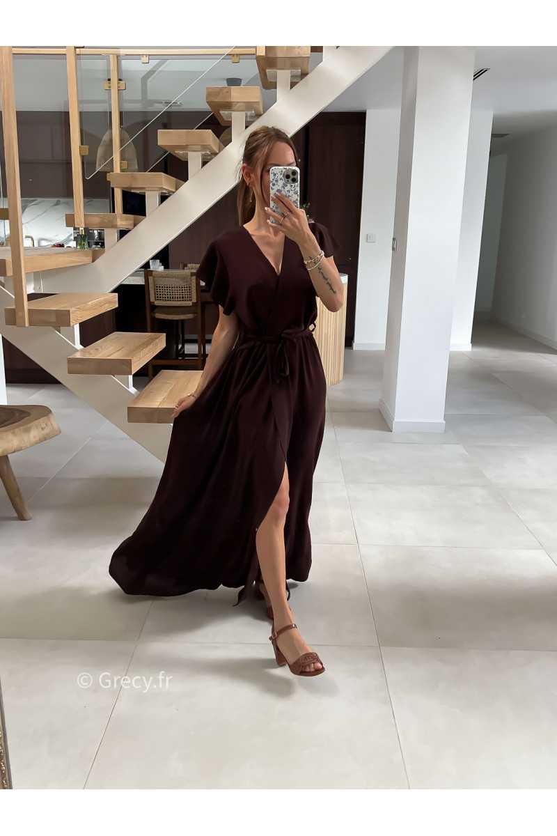 Robe longue marron manches courtes fendue grecy été mode tendance cérémonie mariage chic zara mango