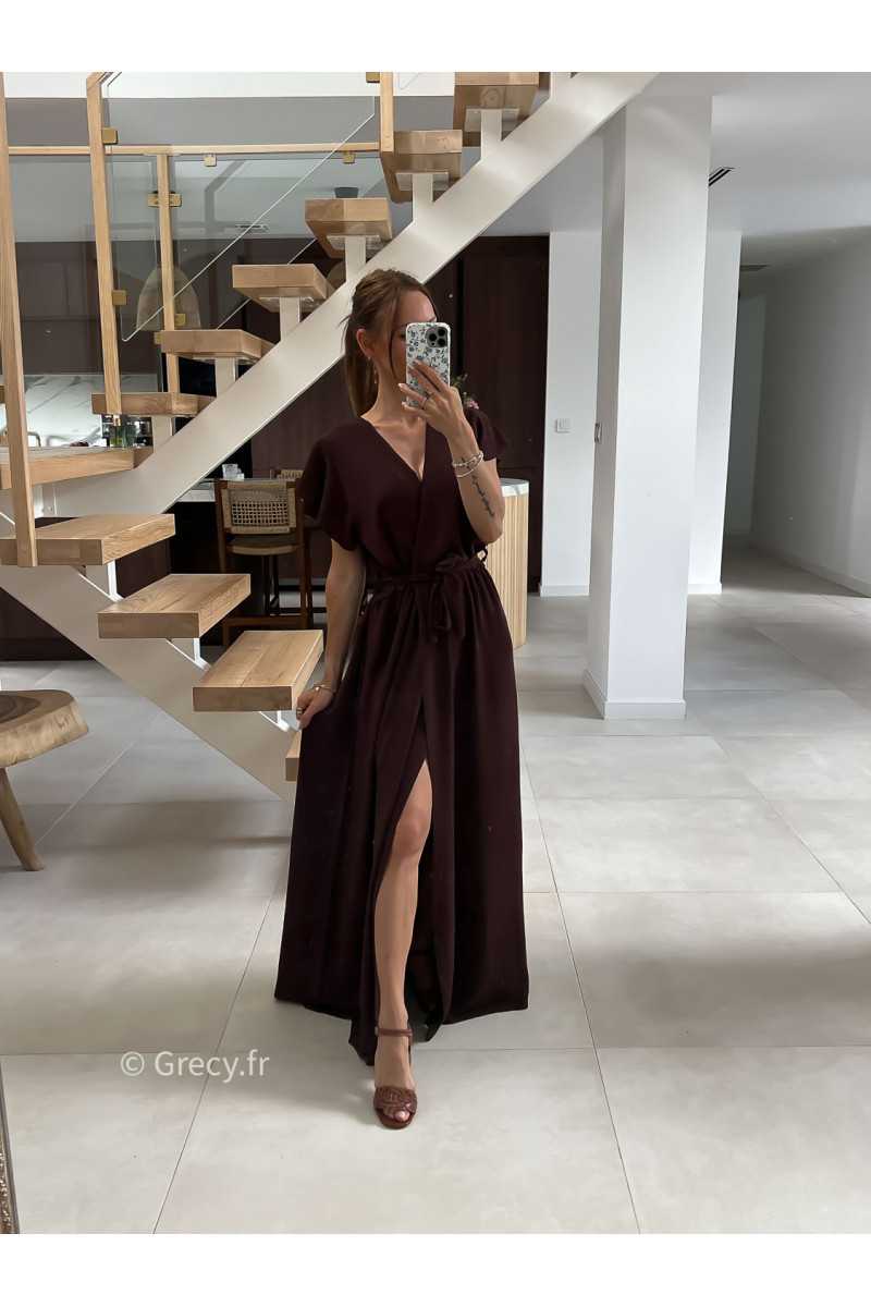 Robe longue marron manches courtes fendue grecy été mode tendance cérémonie mariage chic zara mango