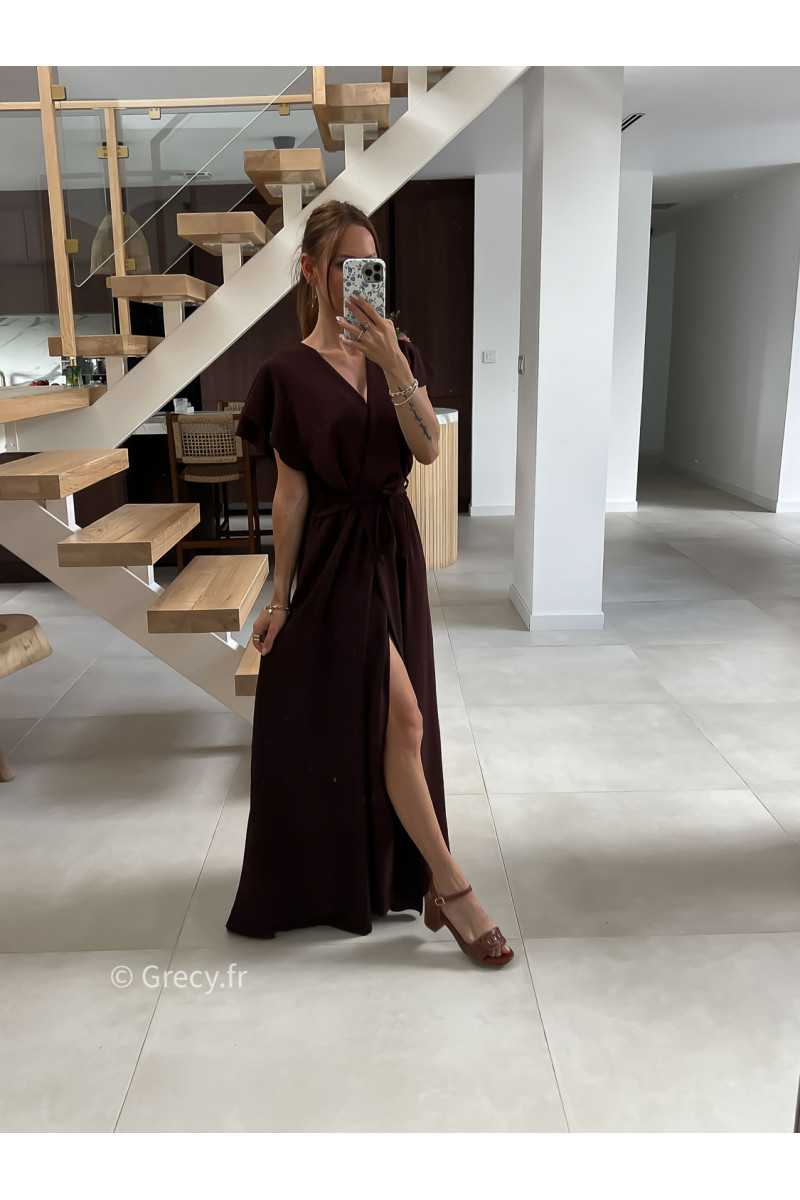 Robe longue marron manches courtes fendue grecy été mode tendance cérémonie mariage chic zara mango