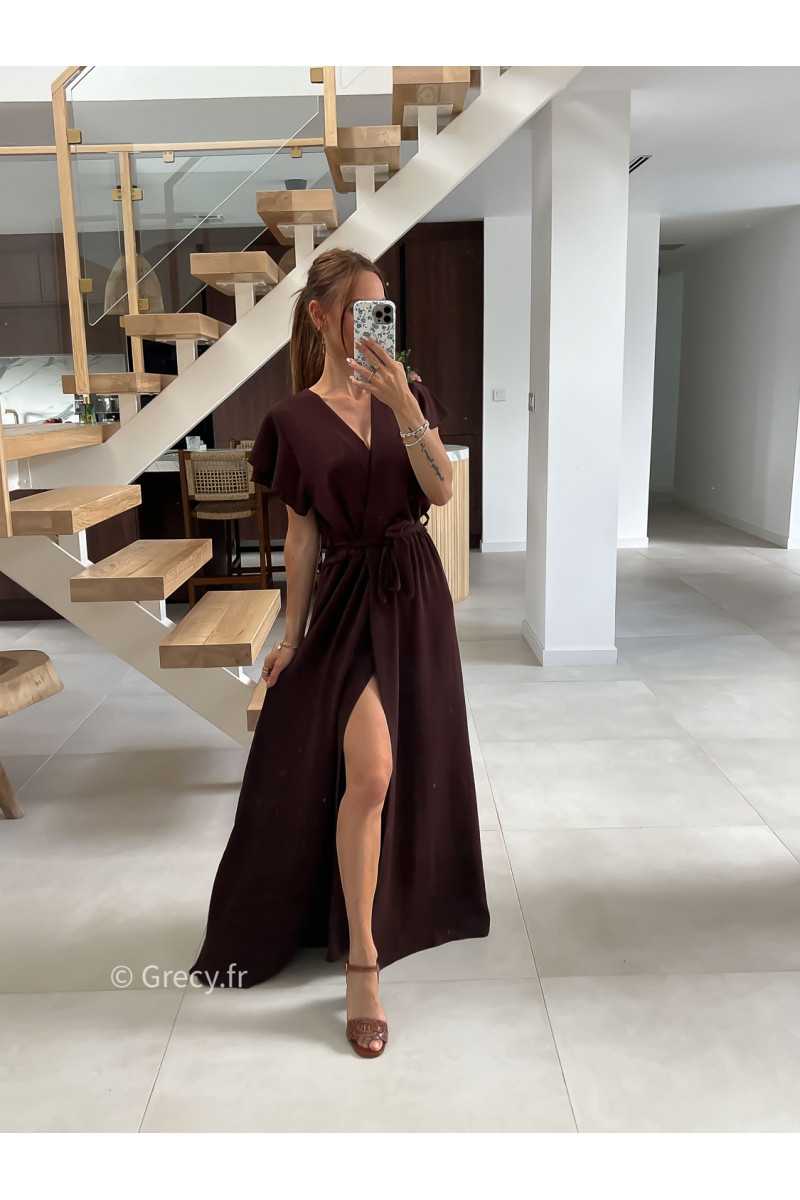 Robe longue marron manches courtes fendue grecy été mode tendance cérémonie mariage chic zara mango