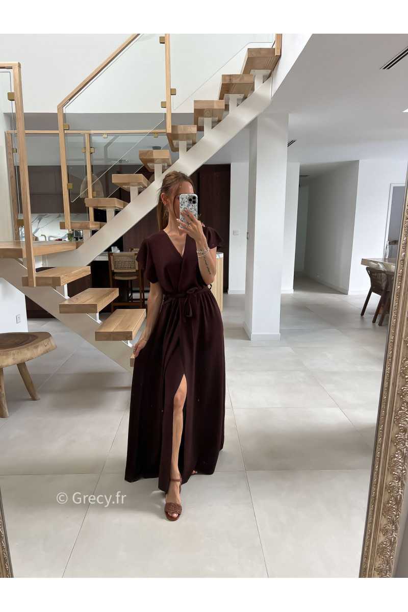Robe longue marron manches courtes fendue grecy été mode tendance cérémonie mariage chic zara mango