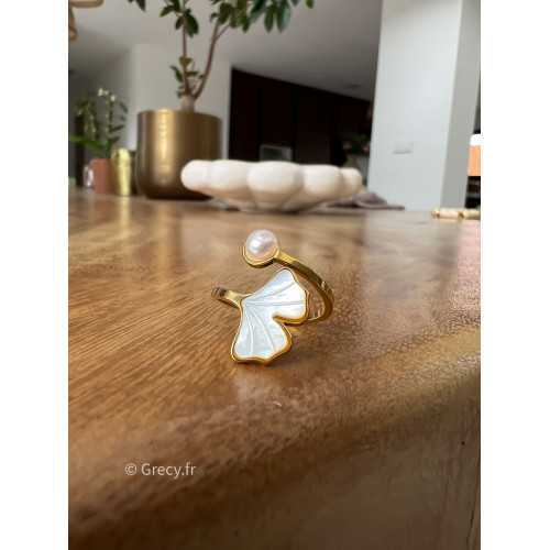 Bague perle et nacre dorée or acier inoxydable réglable bijoux grecy