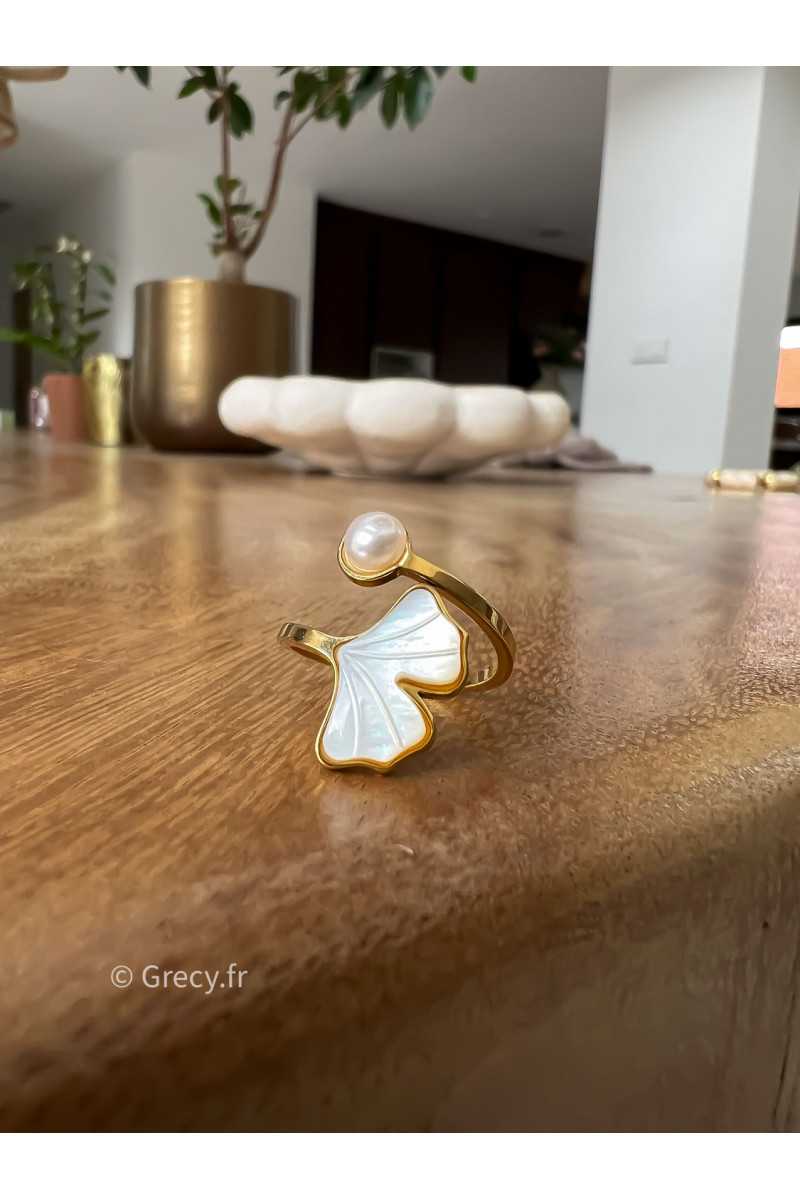 Bague perle et nacre dorée or acier inoxydable réglable bijoux grecy