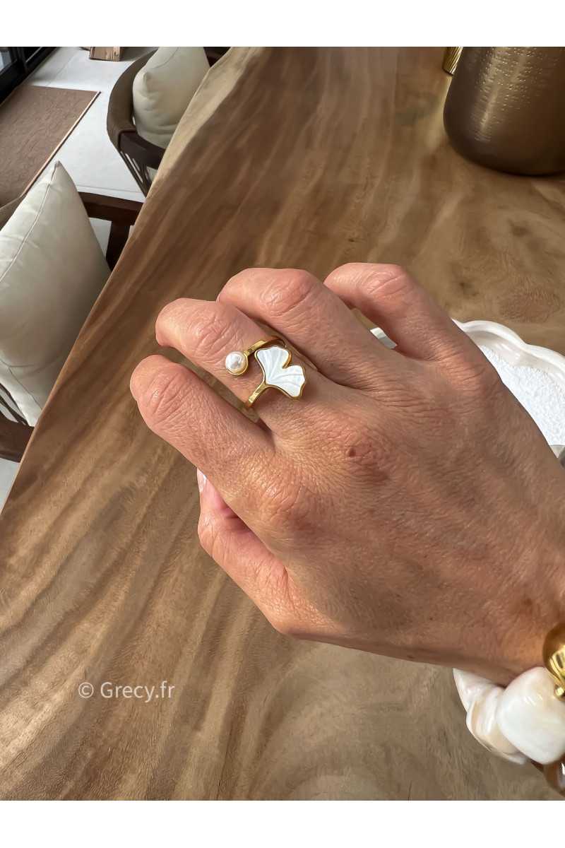 Bague perle et nacre dorée or acier inoxydable réglable bijoux grecy