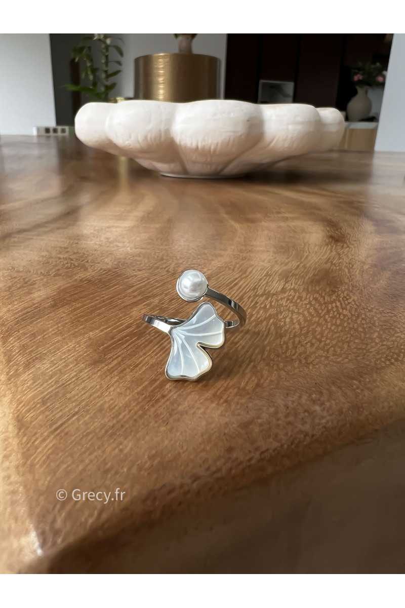 Bague perle et nacre argenté acier inoxydable réglable bijoux grecy