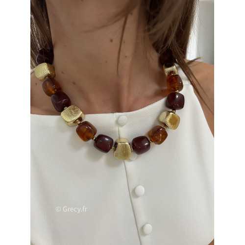 collier grosses perles marron et or bijoux grecy