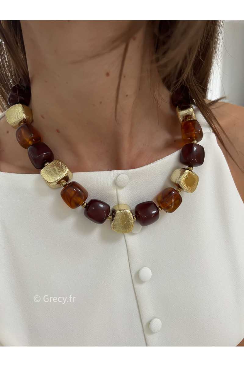 collier grosses perles marron et or bijoux grecy