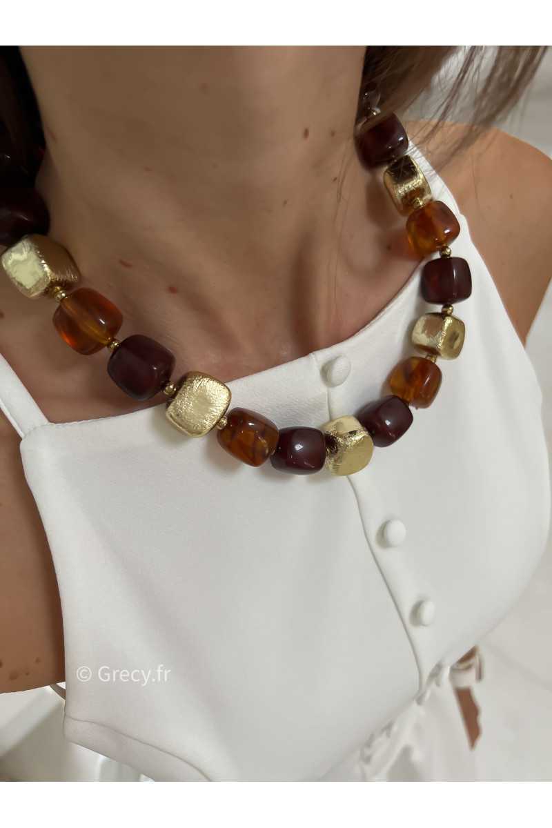 collier grosses perles marron et or bijoux grecy