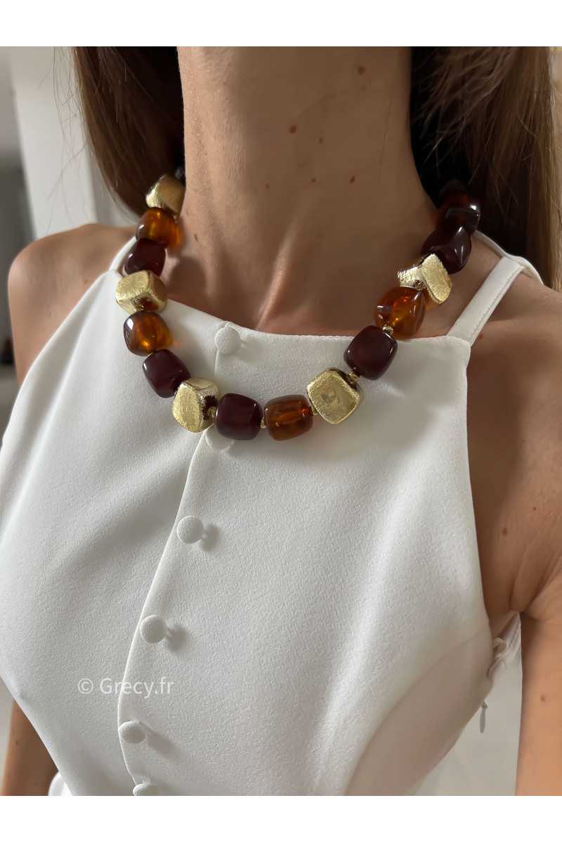 collier grosses perles marron et or bijoux grecy