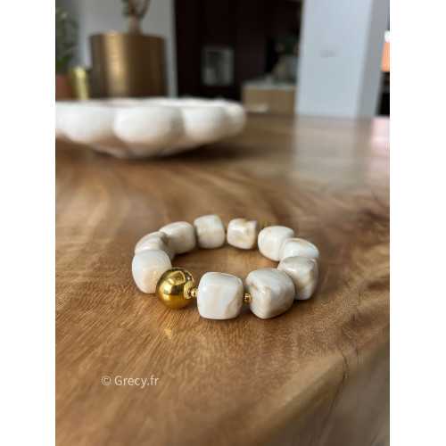 Bracelet beige blanc écru perles rondes bijoux grecy élastique