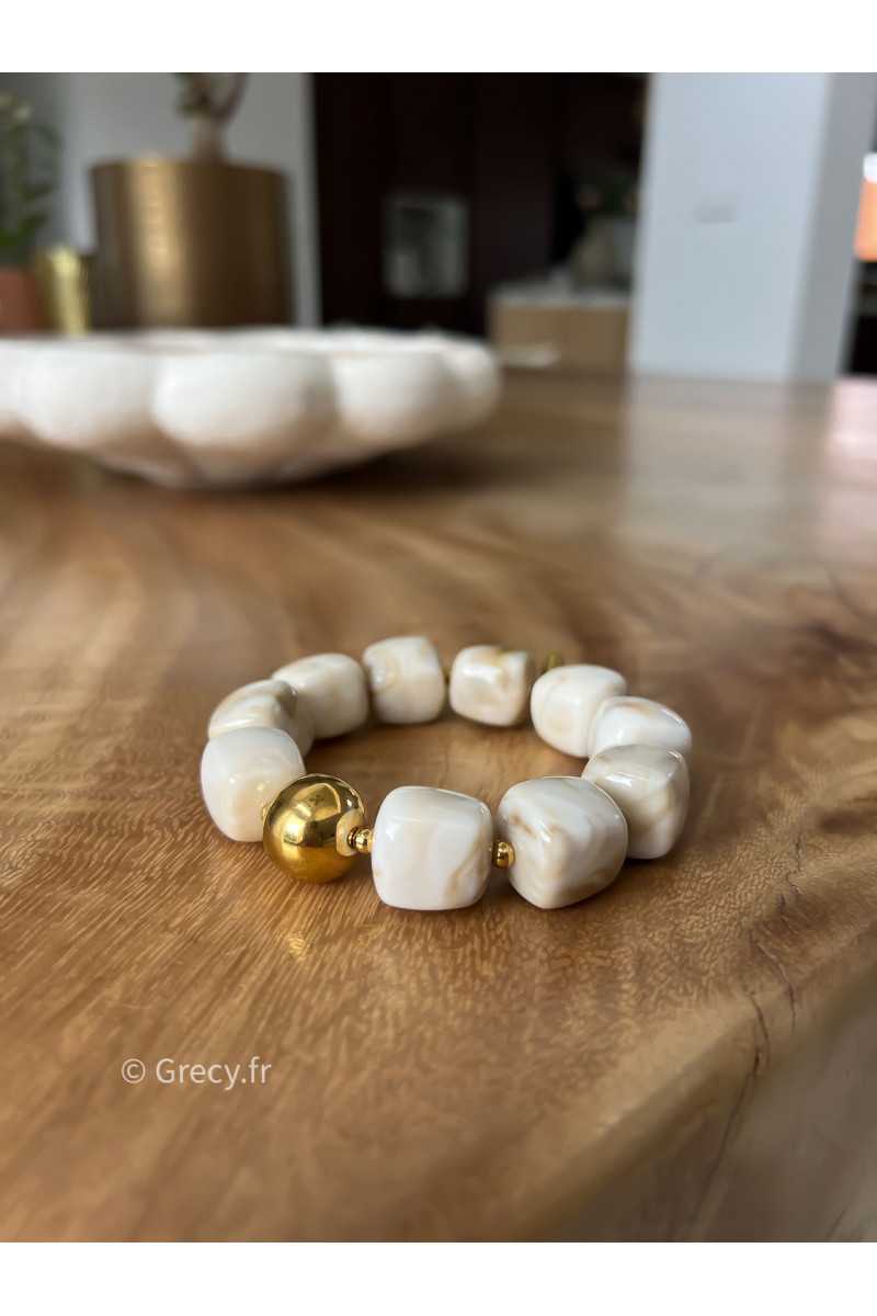 Bracelet beige blanc écru perles rondes bijoux grecy élastique