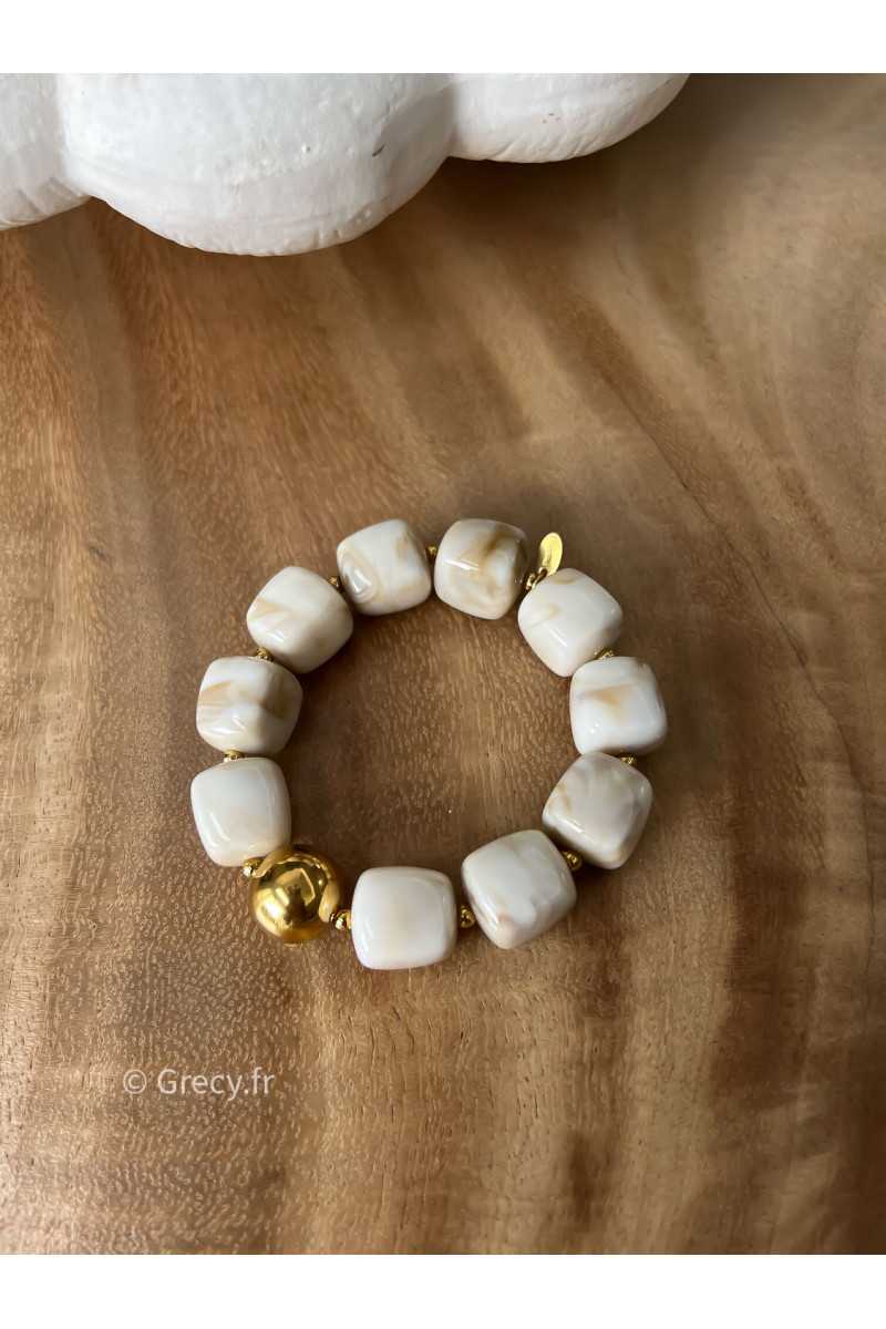Bracelet beige blanc écru perles rondes bijoux grecy élastique