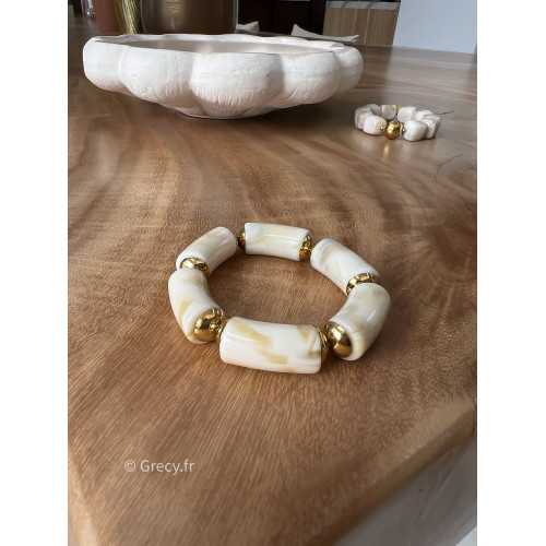 Bracelet beige blanc écru perles rondes bijoux grecy élastique