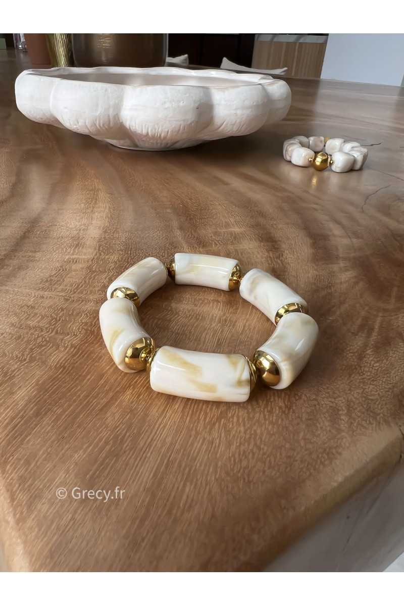 Bracelet beige blanc écru perles rondes bijoux grecy élastique