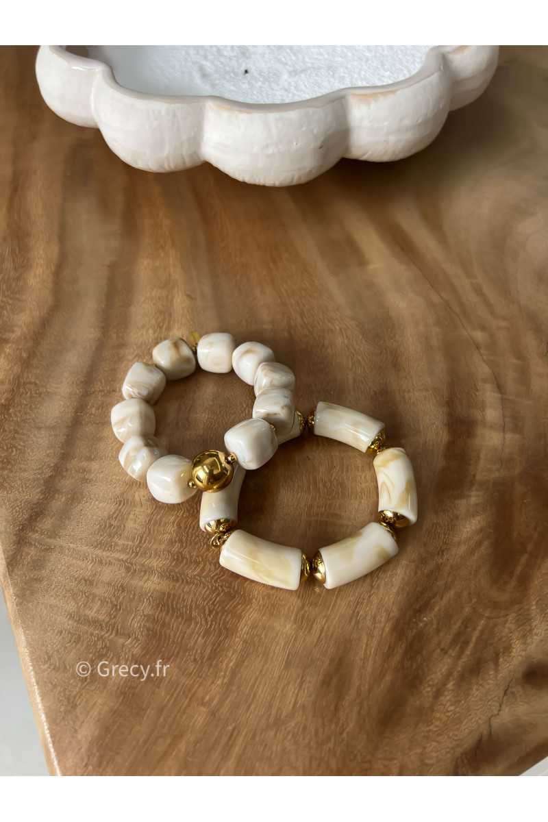 Bracelet beige blanc écru perles rondes bijoux grecy élastique