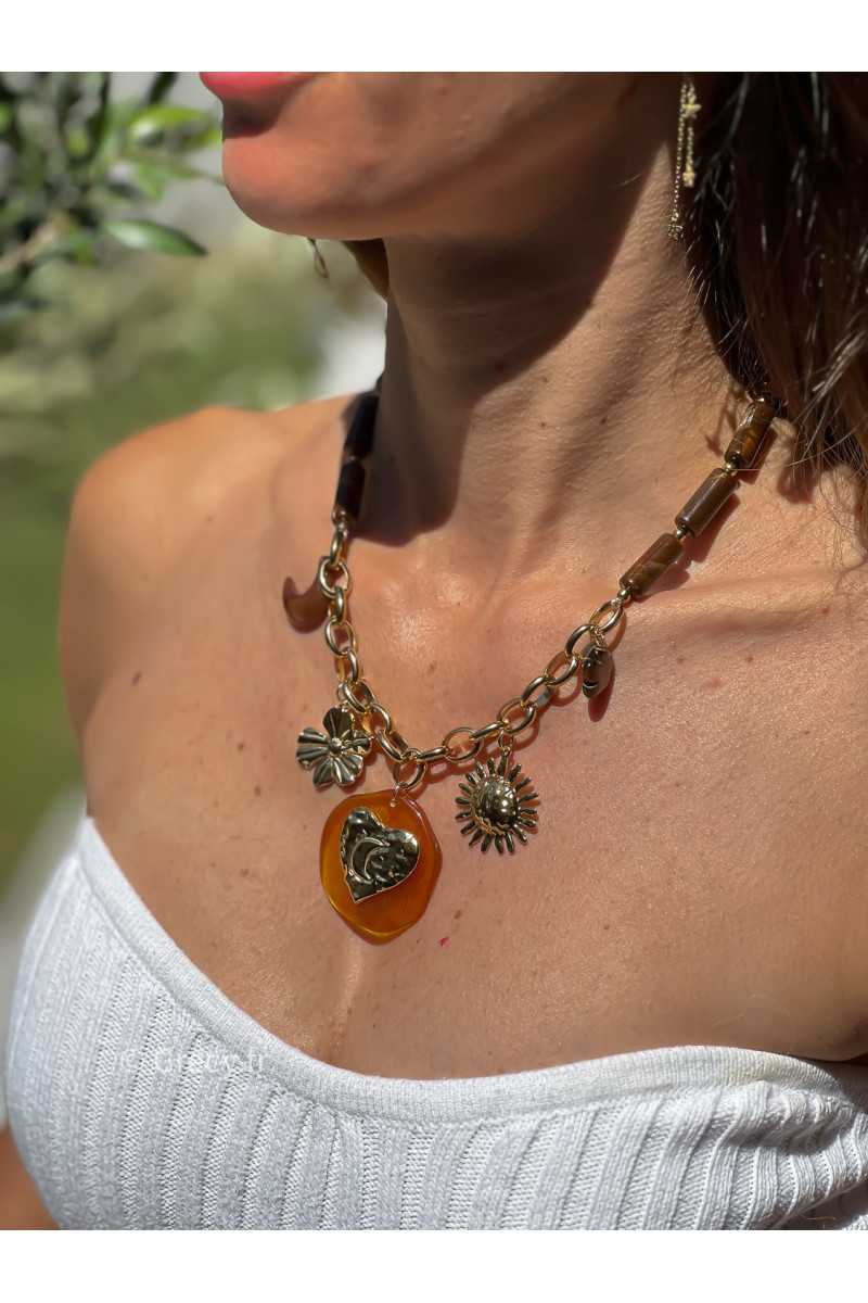 Collier charms perles marron acier inoxydable bijoux grecy