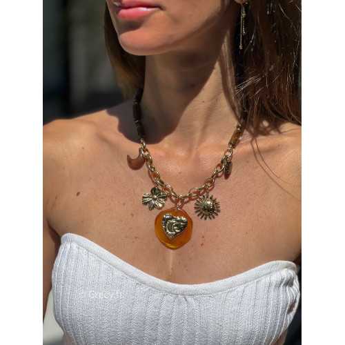 Collier charms perles marron acier inoxydable bijoux grecy