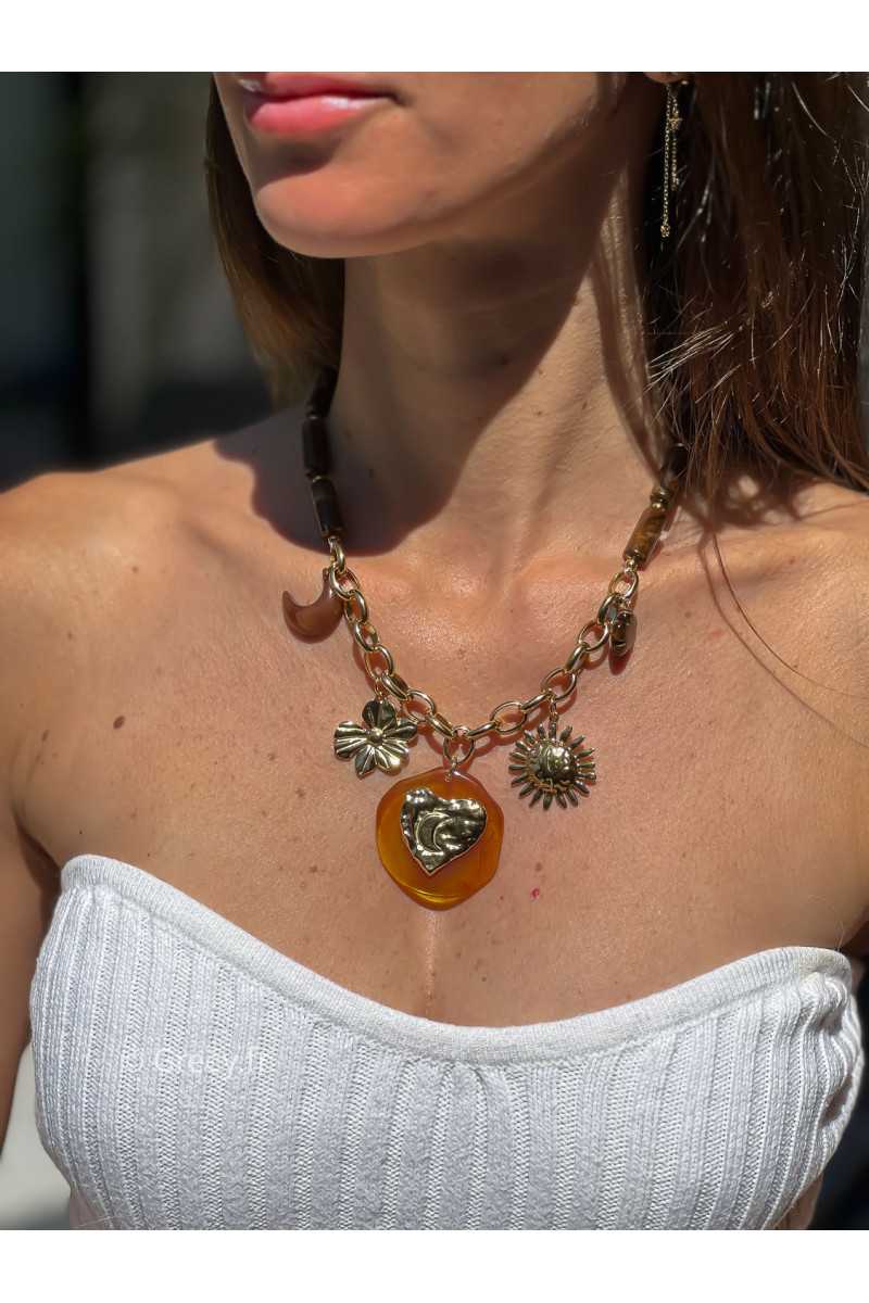 Collier charms perles marron acier inoxydable bijoux grecy