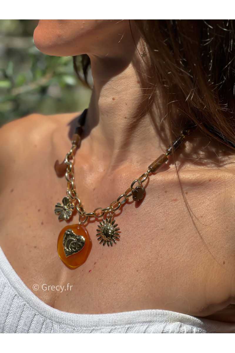 Collier charms perles marron acier inoxydable bijoux grecy