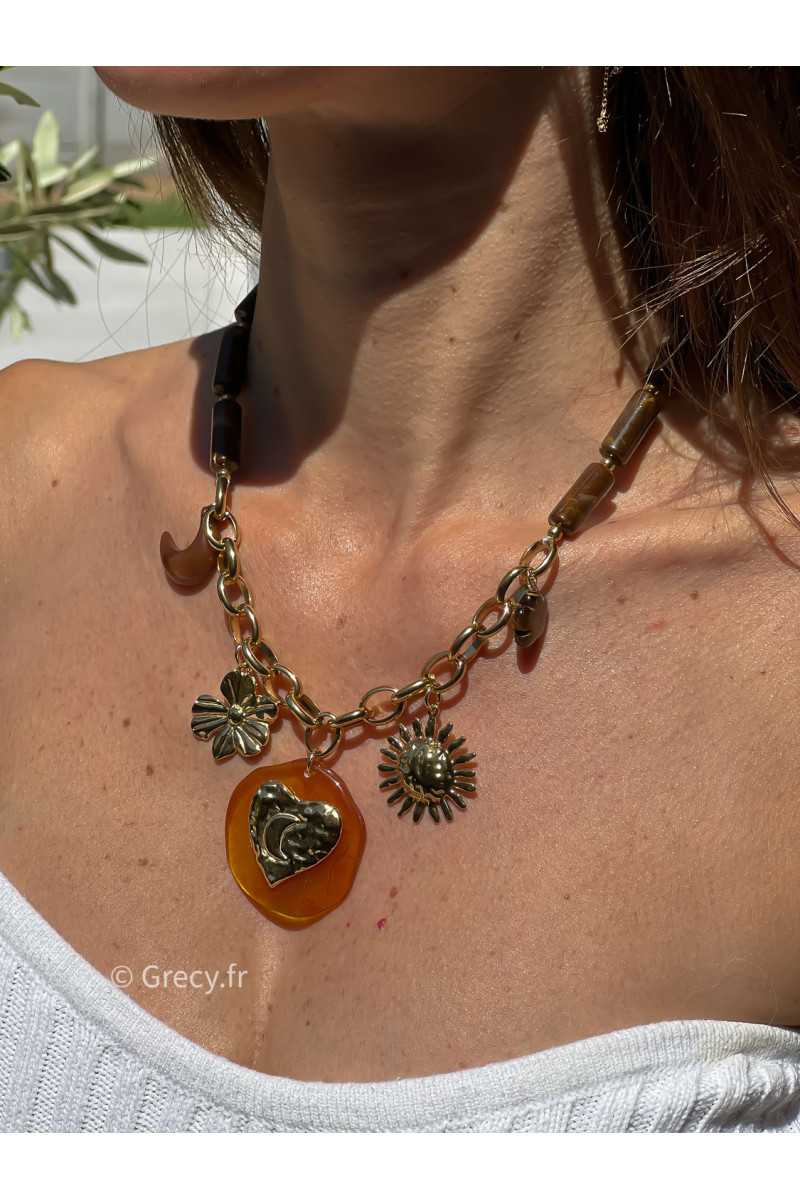 Collier charms perles marron acier inoxydable bijoux grecy