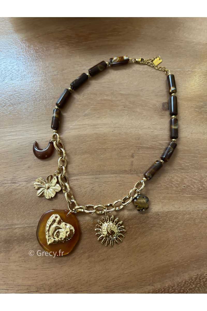 Collier charms perles marron acier inoxydable bijoux grecy
