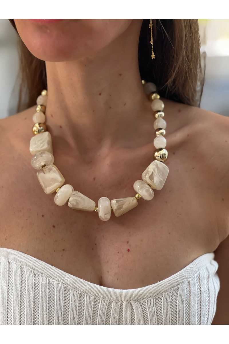 Collier grosses perles blanches écru doré acier inoxydable bijoux grecy tendance