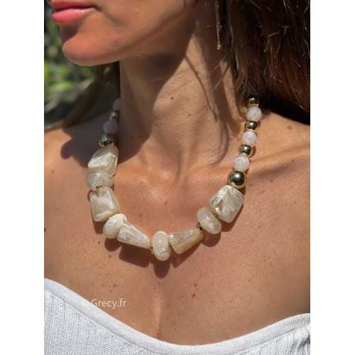 Collier grosses perles blanches écru doré acier inoxydable bijoux grecy tendance