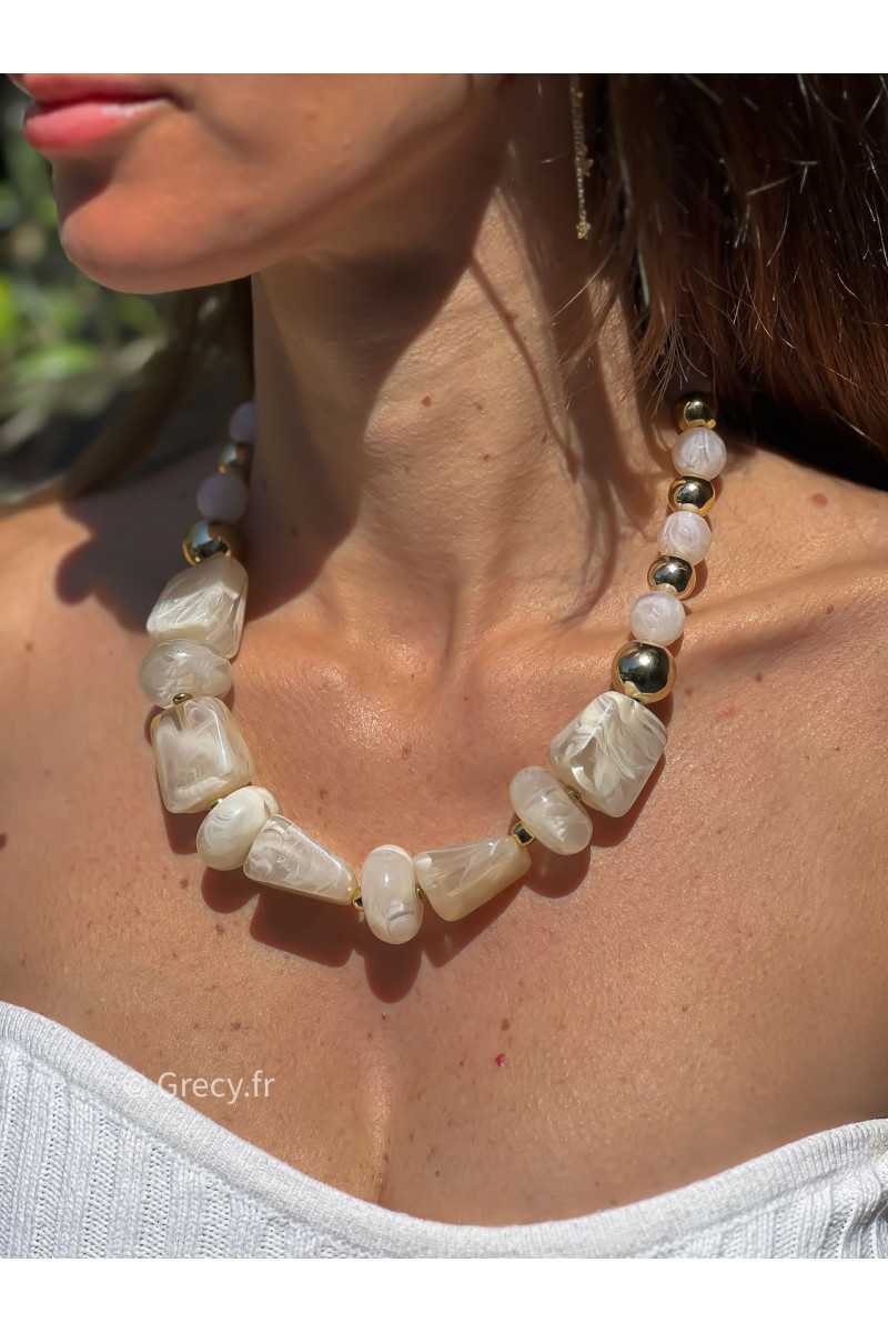 Collier grosses perles blanches écru doré acier inoxydable bijoux grecy tendance