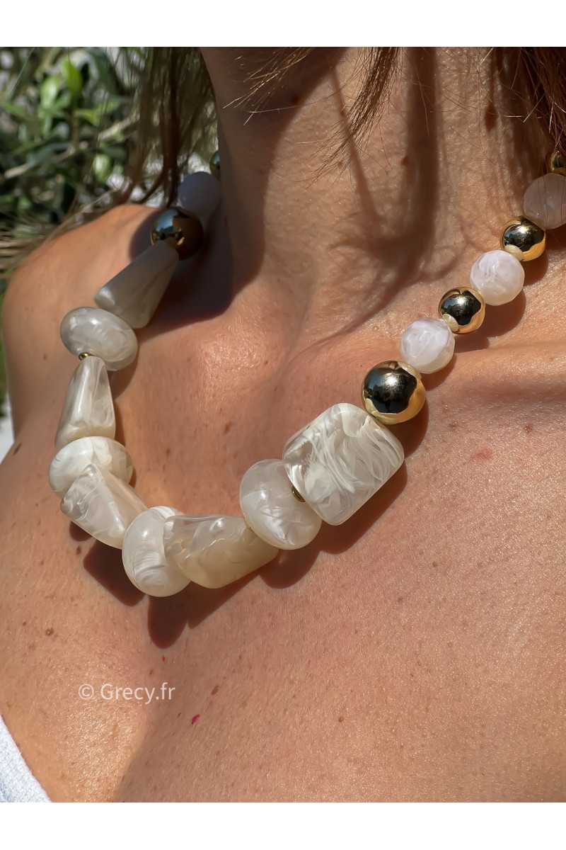 Collier grosses perles blanches écru doré acier inoxydable bijoux grecy tendance