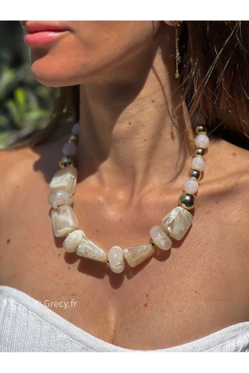 Collier grosses perles blanches écru doré acier inoxydable bijoux grecy tendance