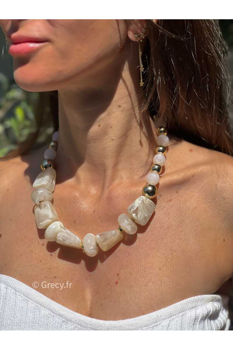 Collier grosses perles blanches écru doré acier inoxydable bijoux grecy tendance