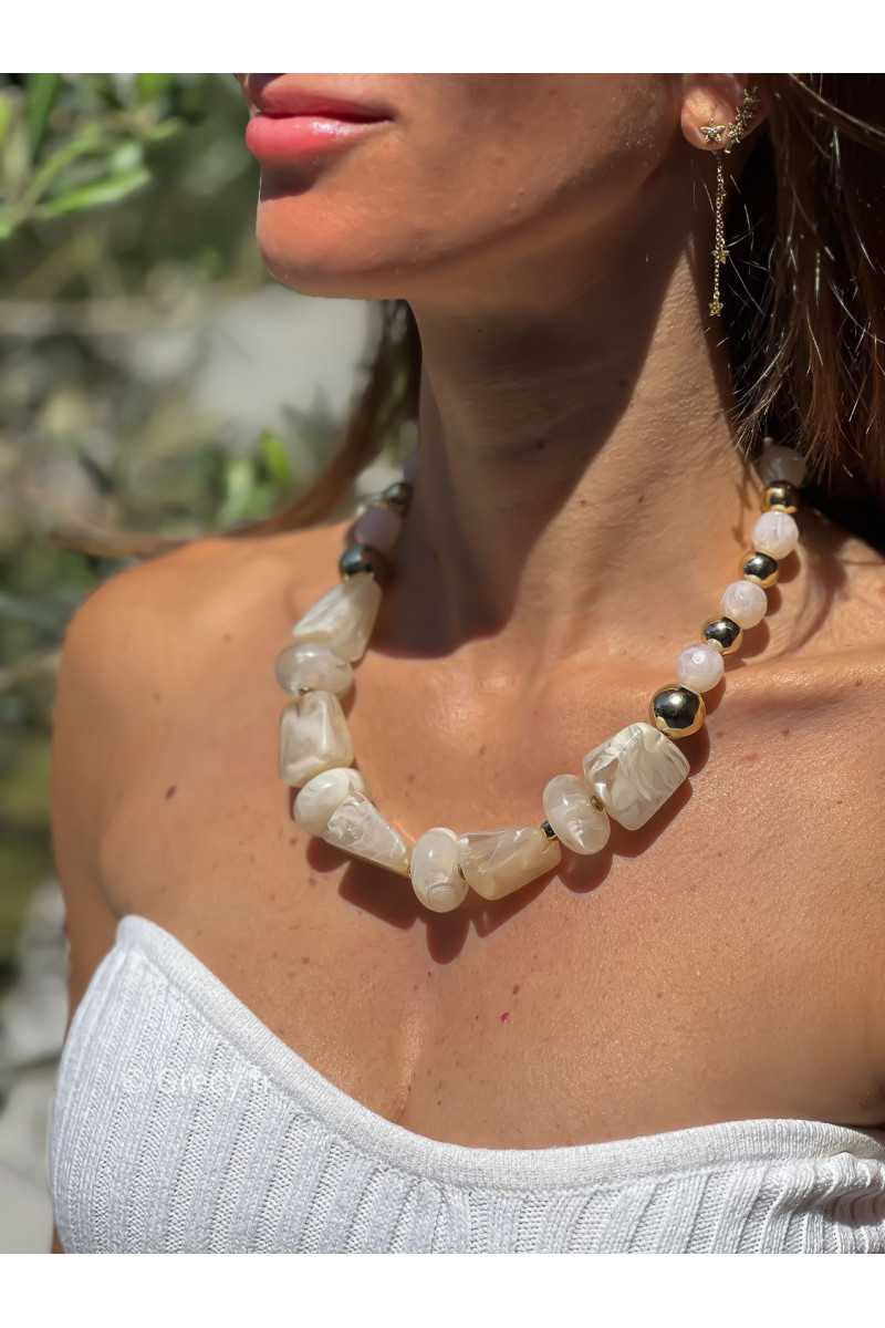 Collier grosses perles blanches écru doré acier inoxydable bijoux grecy tendance