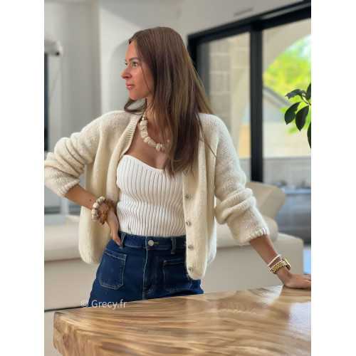 Gilet boutonné alpaga mohair beige écru basique tendance grecy look