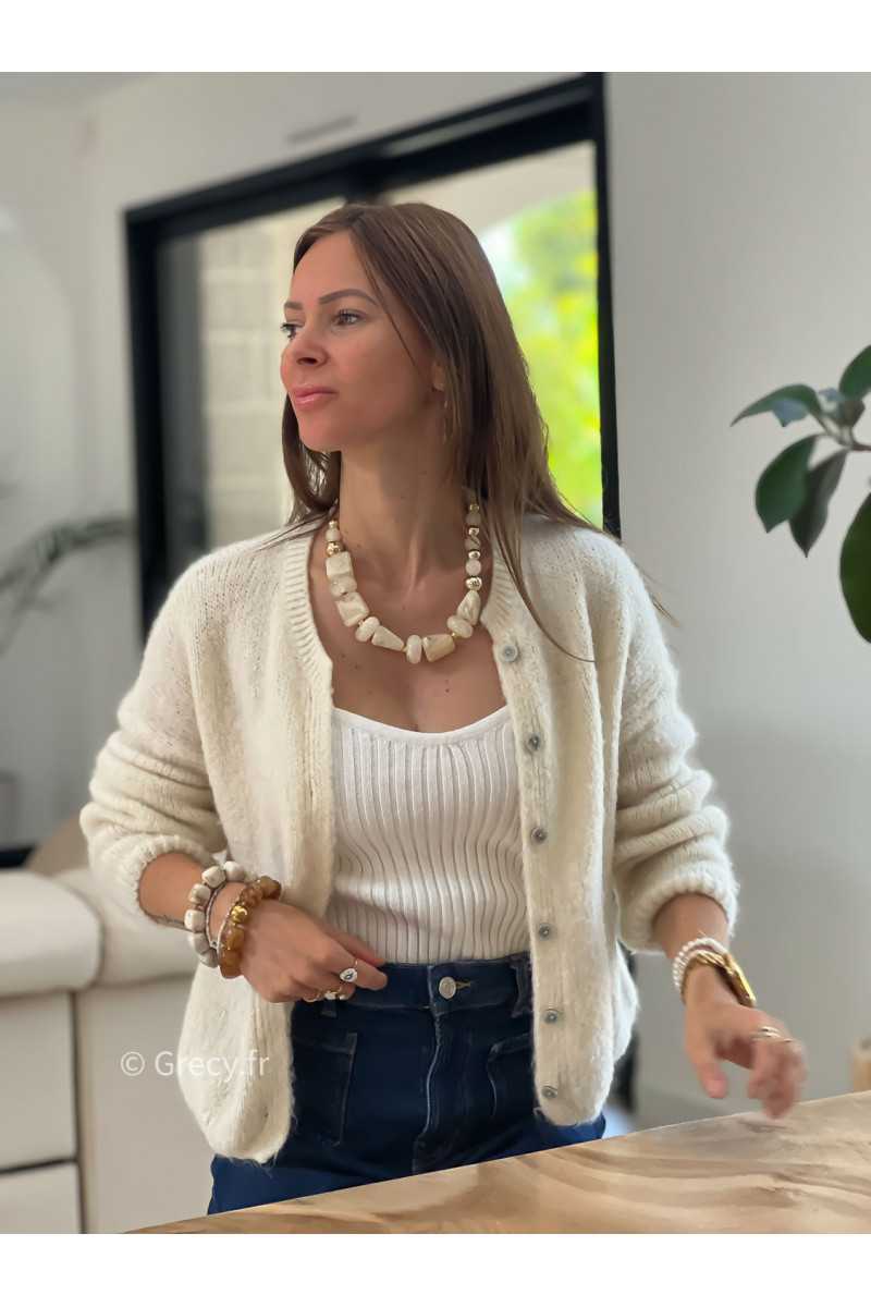 Gilet boutonné alpaga mohair beige écru basique tendance grecy look