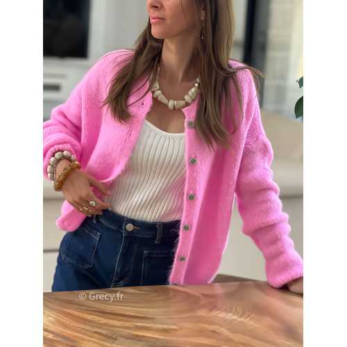 Gilet boutonné alpaga mohair rose basique tendance grecy look