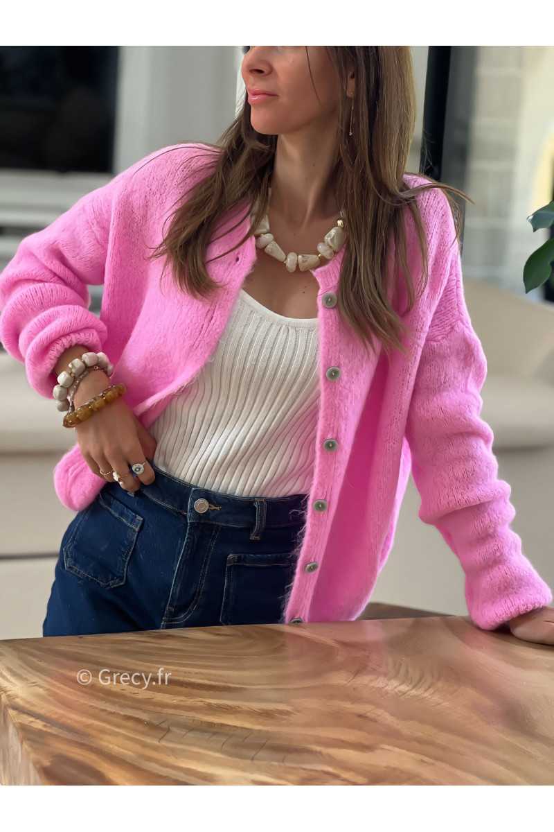 Gilet boutonné alpaga mohair rose basique tendance grecy look