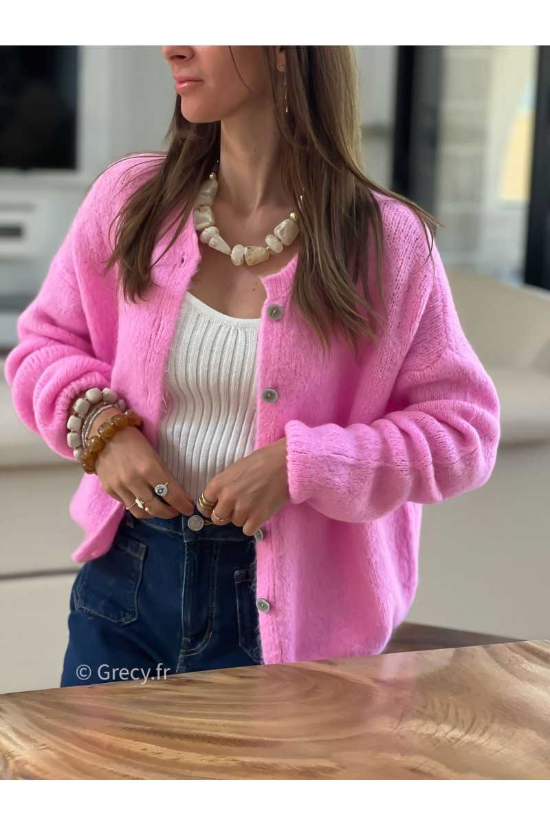 Gilet boutonné alpaga mohair rose basique tendance grecy look