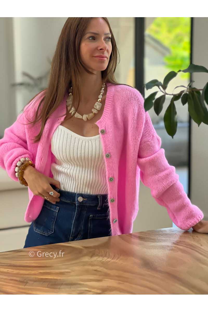 Gilet boutonné alpaga mohair rose basique tendance grecy look
