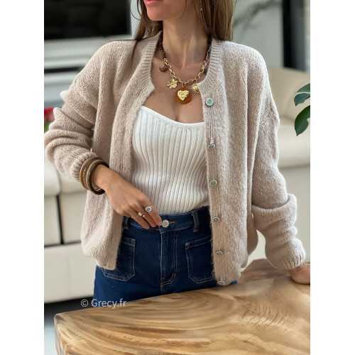 Gilet boutonné alpaga mohair beige basique tendance grecy look