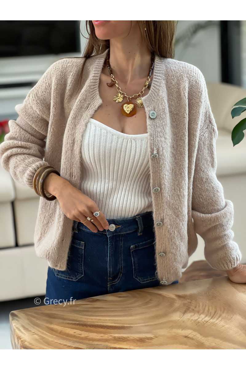 Gilet boutonné alpaga mohair beige basique tendance grecy look
