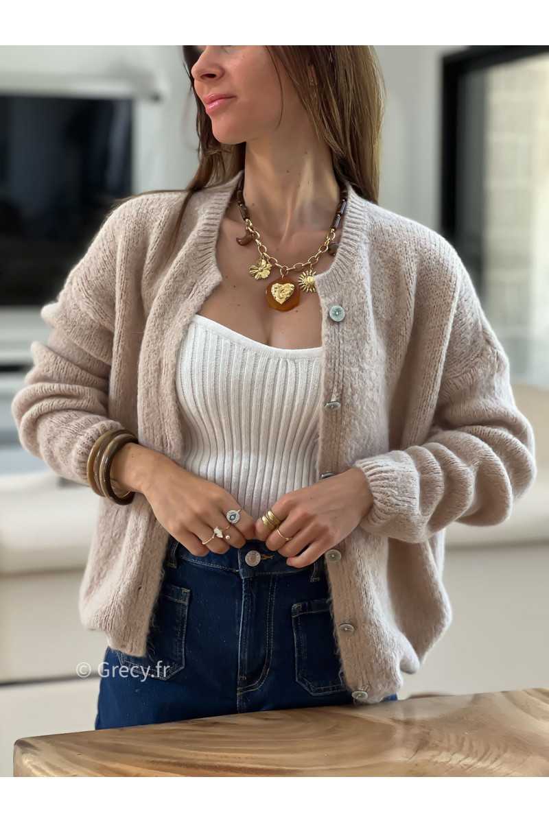 Gilet boutonné alpaga mohair beige basique tendance grecy look