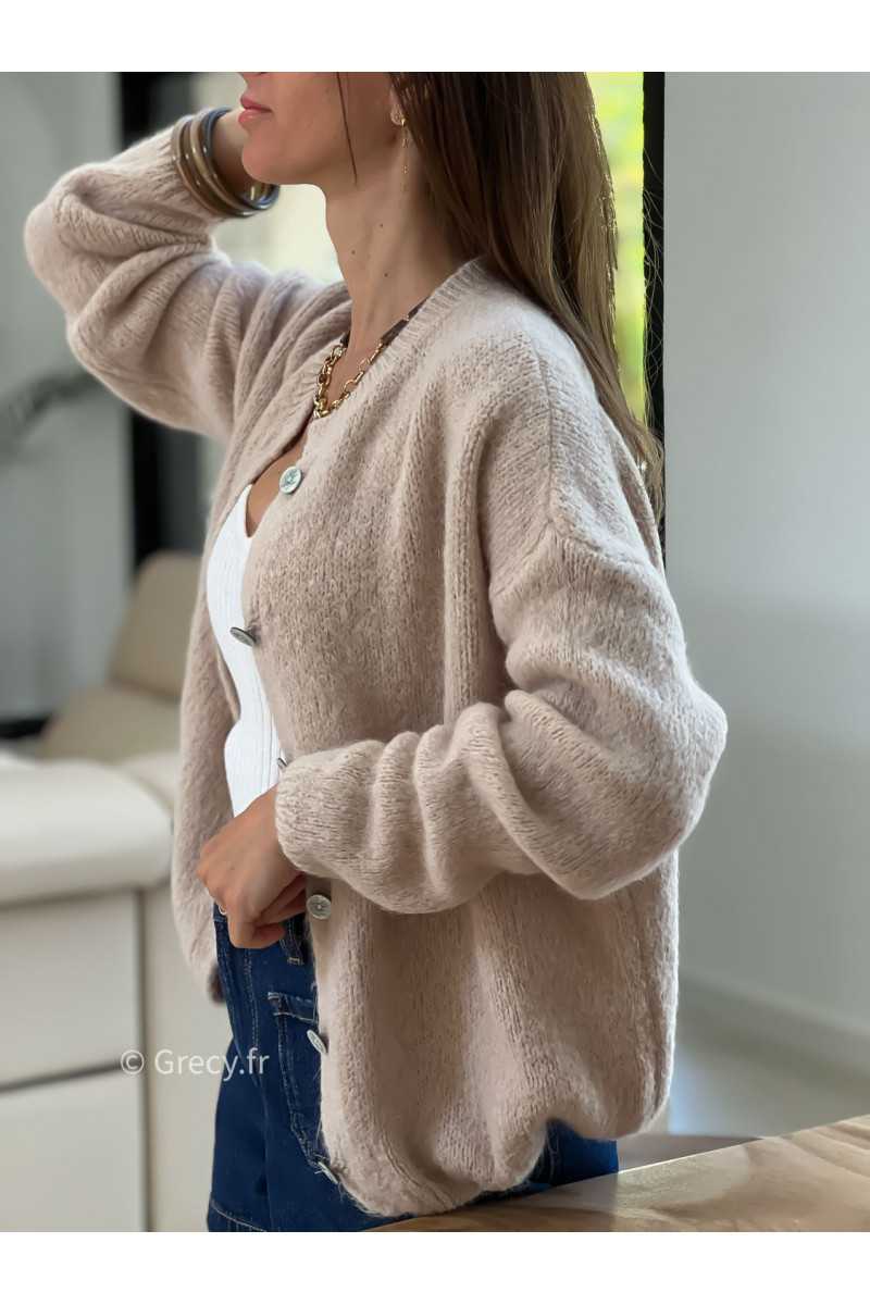Gilet boutonné alpaga mohair beige basique tendance grecy look