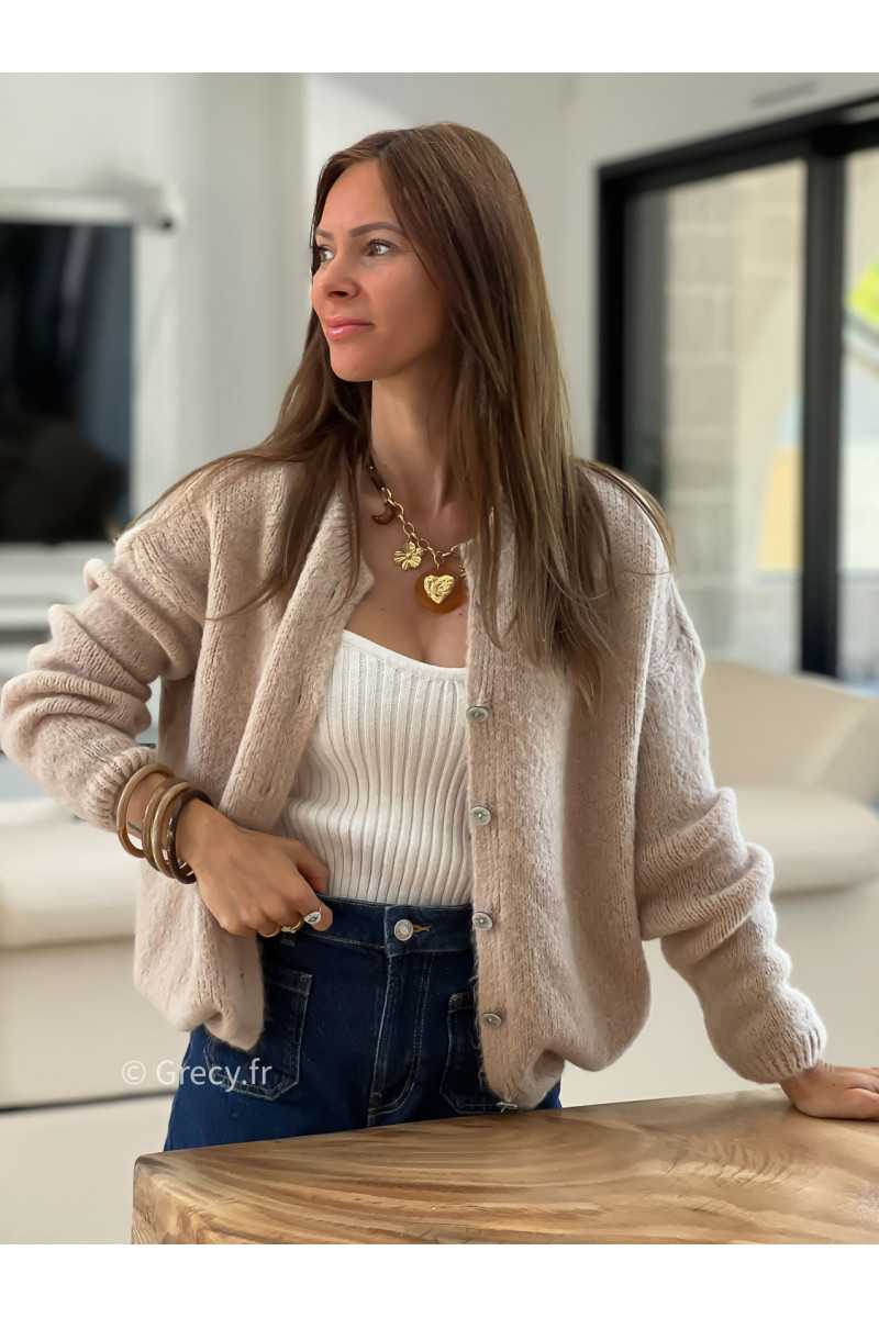 Gilet boutonné alpaga mohair beige basique tendance grecy look