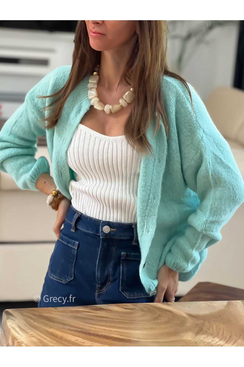 Gilet boutonné alpaga mohair vert d'eau pastel turquoise clair basique tendance grecy look